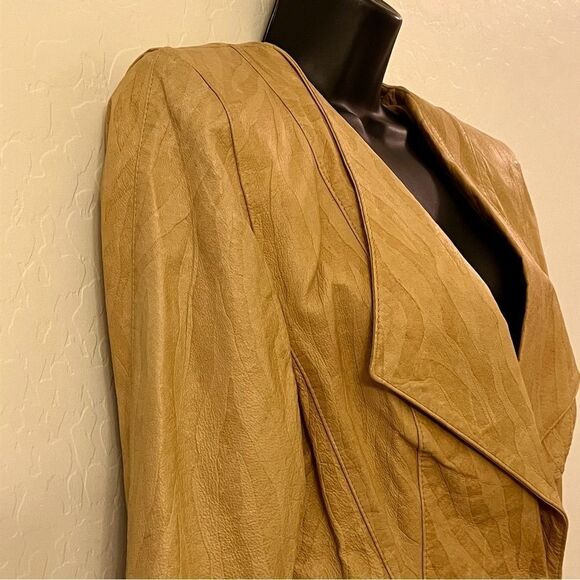 80s Leather zebra Print Tan Camel Embossed Blazer Midi Pencil Skirt Suit Set 10 - Picture 4 of 16